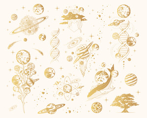 Golden celestial space compositions isolated set. Hand drawn vector illustration of mystical planets, stars, whales and trees for poster and greening card.