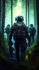 Fototapeta premium special forces commando soldiers navigating their way through a dense jungle environment. Clad in camouflage gear and armed with advanced weaponry. Generative ai