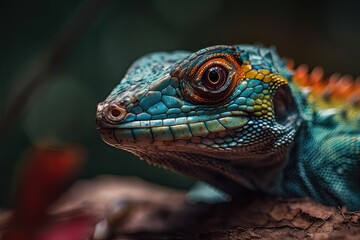 Fototapeta premium Close up of a lizard portrait standing on a branch. Generative AI