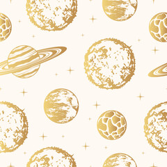 Golden celestial planets and stars. Hand drawn space seamless pattern. Vector illustration for background, textile, texture and wrapping paper.