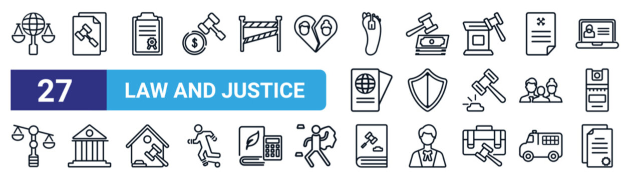 Set Of 27 Thin Line Law And Justice Icons Such As International Law, Documents, Policy, Inheritance Law, Defense, And Justice, Constitutional Contract Vector Icons For Mobile App, Web Design.