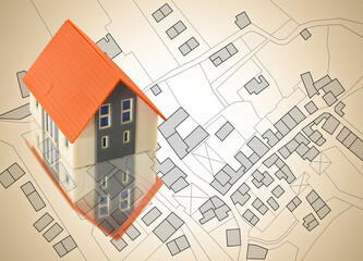 Cadastral map with buildings, free land parcel for house construction - building activity and...