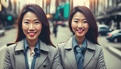 Fototapeta premium Portrait of a young smart, successful, confident and smiling Asian female business executive manager. Agents, advisers. City background. Ai generative
