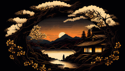 chinese temple in the night landscape - By Generative AI