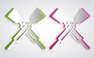 Paper cut Crossed oars or paddles boat icon isolated on grey background. Paper art style. Vector