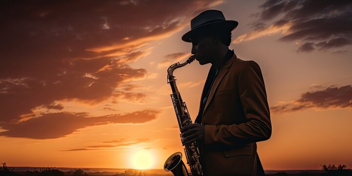 A saxophonist in the sunset scene. Generative AI