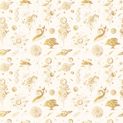 Golden celestial space compositions seamless pattern. Hand drawn vector illustration of mystical planets, stars, whales and trees for background, textile, texture and wrapping paper.