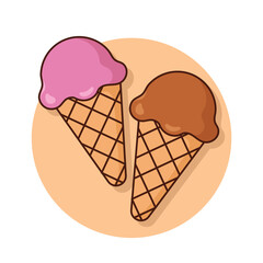 Cute ice cream scoop cartoon icon vector. Strawberry and chocolate scoops in waffle cone. Desserts & Sweet Foods Flat Design icon concept. Vector flat outline icon