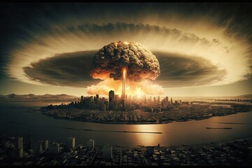Apocalyptic Destruction: Devastating Nuclear Explosion Over San Francisco Cityscape: Generative AI - obrazy, fototapety, plakaty