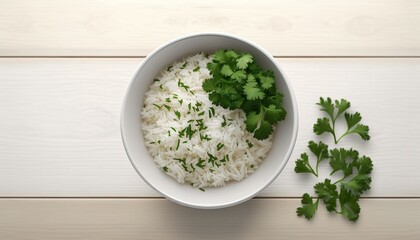 Rice in a Wooden Bowl isolated on white background. Top View, Generative Al