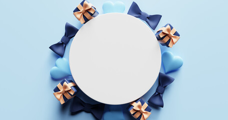 Father's day blank white circle surrounded by heart bow tie gift boxes. 3d rendering