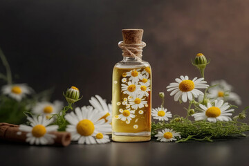 Essential oil in glass bottle with fresh chamomile flowers, Generative Ai	