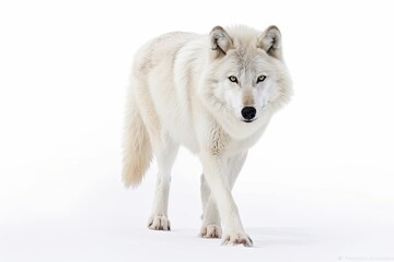 Obraz premium Arctic wolf image isolated on white background strolling in winter snow in Canada, gazing directly at the camera. Generative AI
