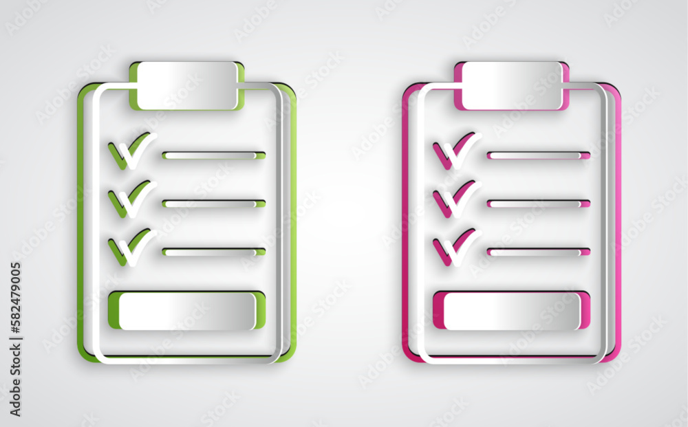 Poster Paper cut Clipboard with checklist icon isolated on grey background. Control list symbol. Survey poll or questionnaire feedback form. Paper art style. Vector