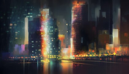 Abstract digital painting of urban skyscrapers at night 