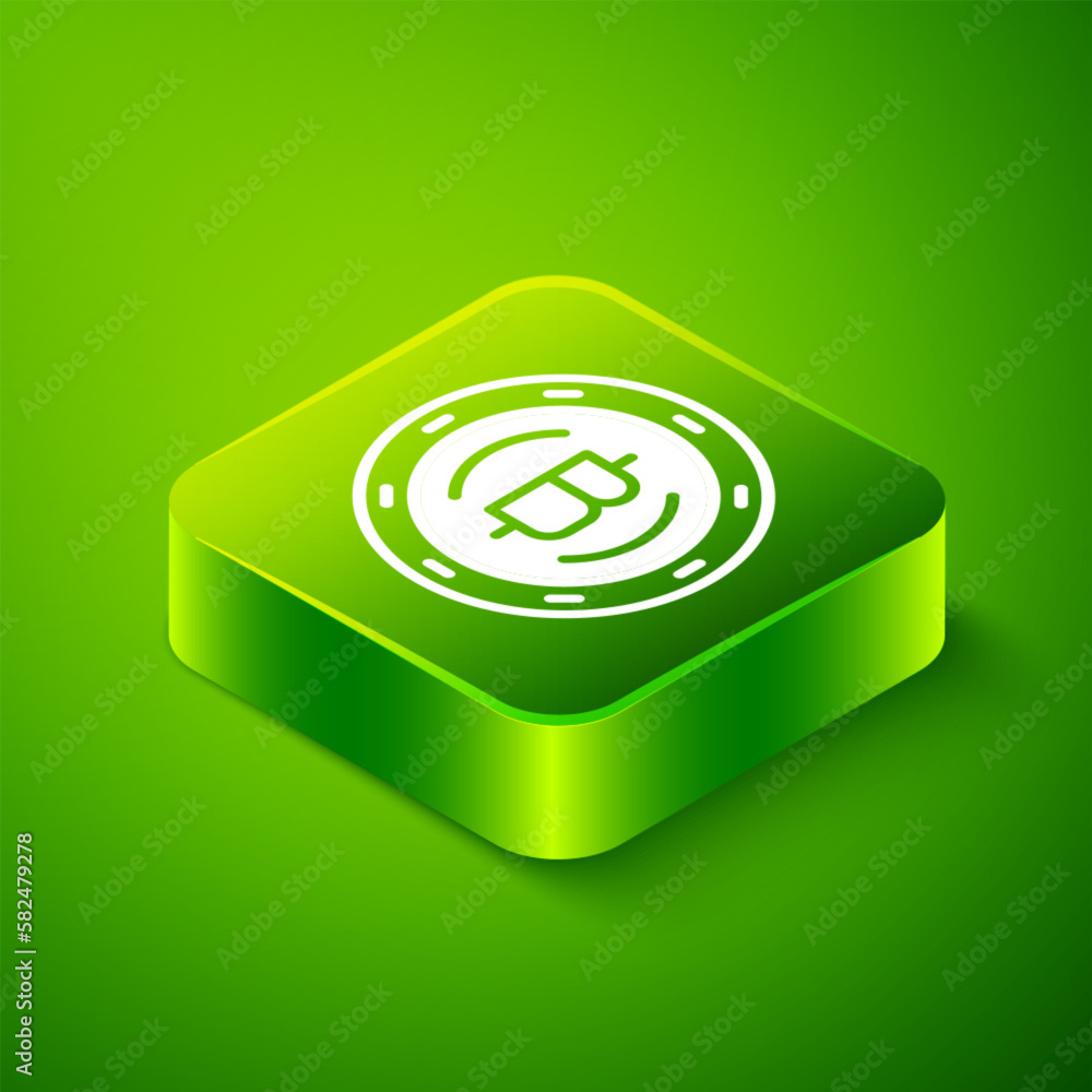 Poster isometric cryptocurrency coin bitcoin icon isolated on green background. physical bit coin. blockcha