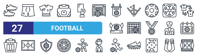 set of 27 thin line football icons such as boots, shorts, tshirt, corner, goal, soccer field, player, stadium vector icons for mobile app, web design. © Digital Bazaar