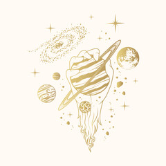 Golden celestial hand holding the planet and surrounded by other planets and stars. Mystical hand drawn vector illustration isolated on white for greeting card and poster.
