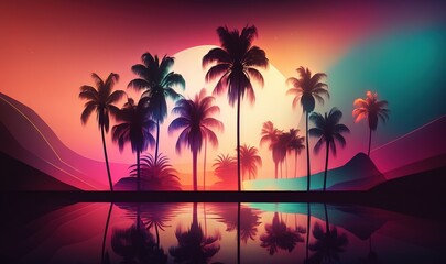 Obraz na płótnie Canvas a tropical sunset with palm trees reflecting in the still water. generative ai