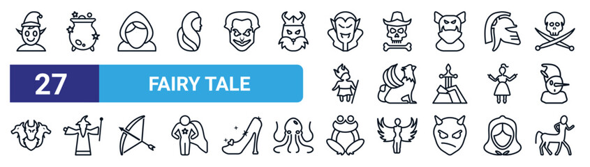 set of 27 thin line fairy tale icons such as elf, cauldron, fairy godmother, caribbean, griffin, wizard, toad, centaur vector icons for mobile app, web design. - obrazy, fototapety, plakaty