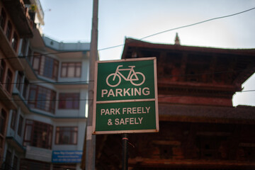 Bicycle parking sign in Kathmandu, Nepal