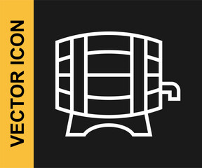 White line Wooden barrel on rack with stopcock icon isolated on black background. Vector