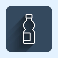 White line Bottle of water icon isolated with long shadow background. Soda aqua drink sign. Blue square button. Vector