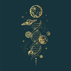 Golden celestial space composition with planets, stars and dna. Mystical hand drawn vector illustration isolated on black background for greeting card and poster. - obrazy, fototapety, plakaty