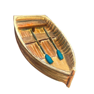 recommend clip art: Watercolor wooden boat retro illustration. Travel set