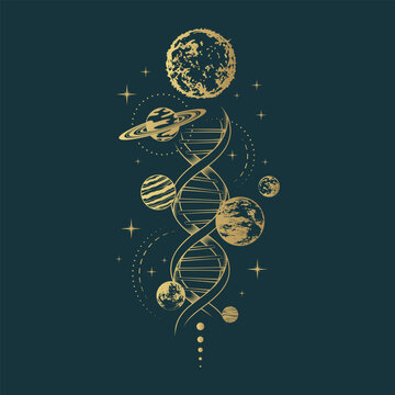Golden celestial space composition with planets, stars and dna. Mystical hand drawn vector illustration isolated on black background for greeting card and poster.
