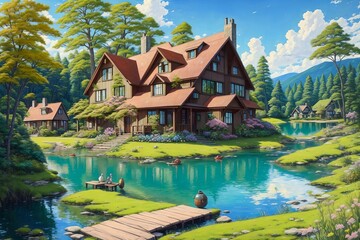 Anime-style house in nature landscape [AI Generated]