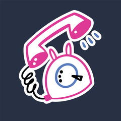Big old telephone with a round dial and a ringing handset on a wire.Vector doodle cartoon prosy sticker style. Retro 80s or 90s.