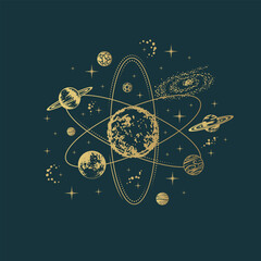 Golden celestial planets, solar system, galaxy and stars. Hand drawn mystical vector illustration isolated on black background for poster, card, t-shirt design.