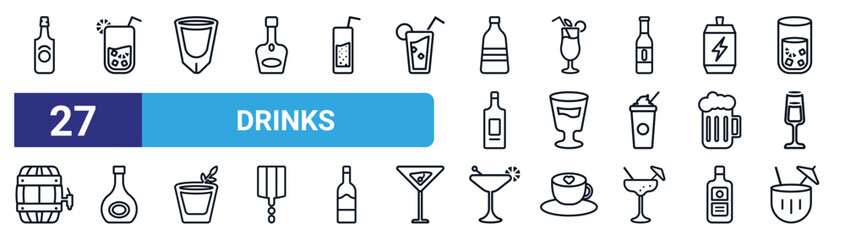 set of 27 thin line drinks icons such as malibu, lemon juice, white russian drink, tropical itch, mind eraser drink, armagnac, martinez, planter's punch vector icons for mobile app, web design.
