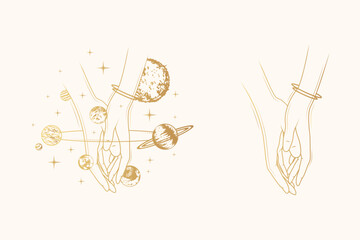 Golden celestial woman's hands surrounded by  planets. Hand drawn Solar System and Cosmic bodies. Two vector illustrations isolated on white background for greeting card and poster.