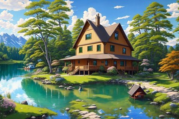 Anime-style house in nature landscape [AI Generated]