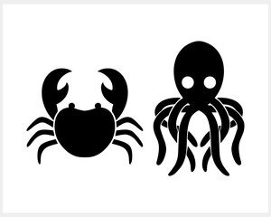 Doodle sea animal isolated Hand drawn crab and octopus Engraving vector stock illustration EPS 10
