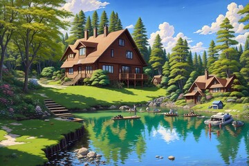 Anime-style house in nature landscape [AI Generated]