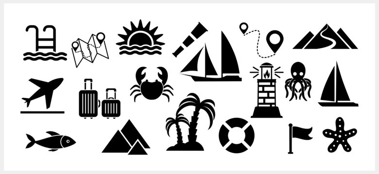 Doodle travel set clipart isolated. Hand drawn stencil art. Vector stock iillustration. EPS 10
