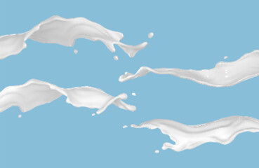 Milk splashes isolated on blue background. Liquid or yogurt splash. Vector 3d illustration