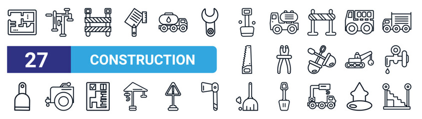 set of 27 thin line construction icons such as house plan, adjusment system, road barrier, tank truck, inclined clippers, air compressor, sweeping broom, stairs with handle vector icons for mobile