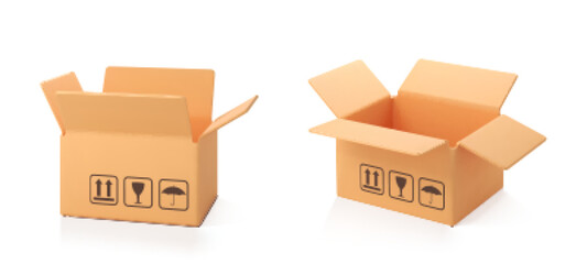 Two 3D cardboard open box isolated on white background. Delivery cargo box. Cartoon style cardboard box or delivery package. 3d realistic vector