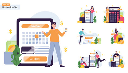 Payment date or payday illustration collection set. Paycheck happy day, employees rejoice, calendar date, loans repayment and debts. People study the financial report, audit
