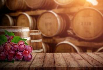 wood top table on oak barrel background