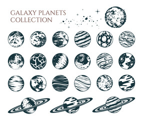 Galaxy planets celestial collection. Hand drawn isolated  set of 22 space design elements for print, poster, tattoo and greeting card.