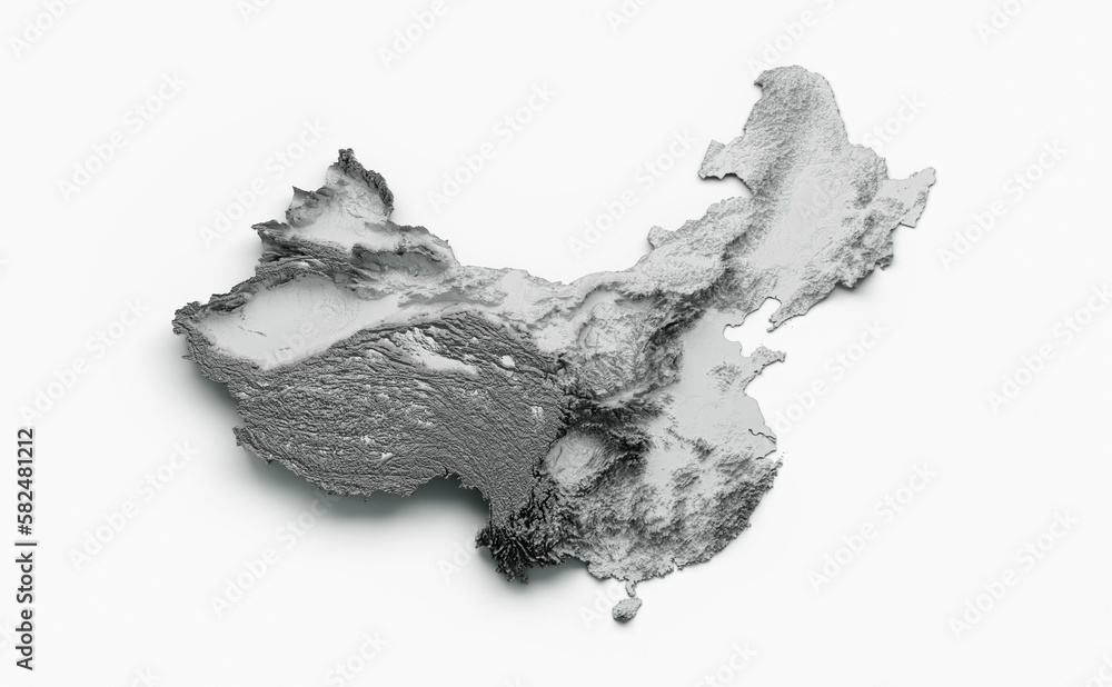 Poster 3d grayscale rendering of the china-shaped topography map isolated on a white background