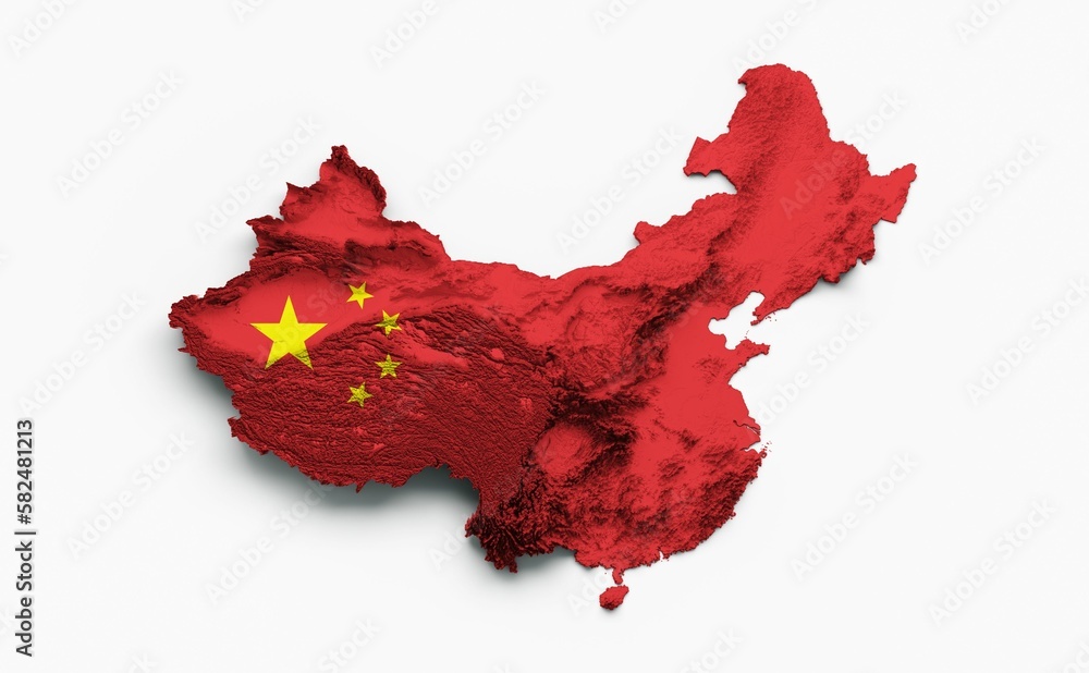 Poster 3d rendering of the flag of china-shaped topography map isolated on a white background