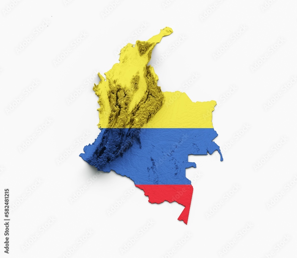 Poster 3d rendering of the flag on a colombia-shaped topography map isolated on a white background