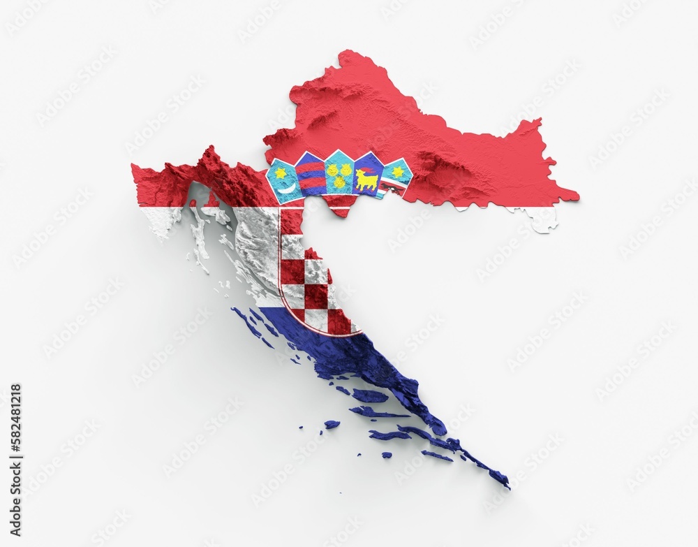 Poster 3d rendering of the flag of croatia-shaped topography map isolated on a white background