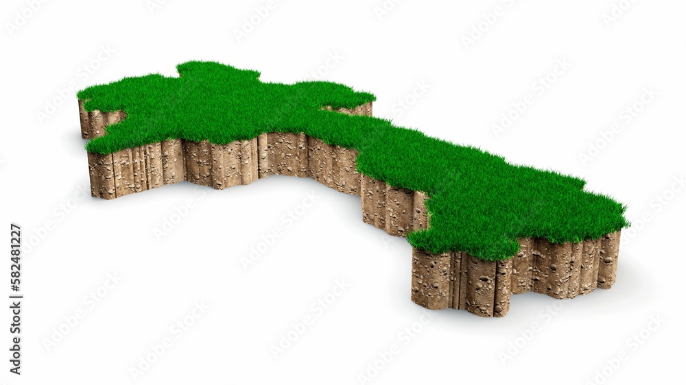 Poster 3d rendering of the laos-shaped map with grass and soil texture isolated on a white background